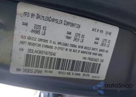 2007 Dodge Charger from USA, damaged, VIN 2B3LA43R87H675646